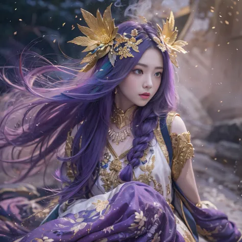 Genki Girl 32K（tmasterpiece，k hd，hyper HD，32K）Long flowing bright purple hair，Autumn Pond，zydink， a color， Asian people （Genki girl）， （Silk scarf）， Combat posture， looking at the ground， long whitr hair， Floating bright purple， Fire cloud pattern gold tiar...