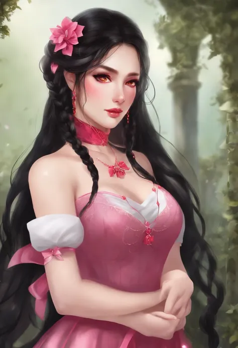 has long black hair with one braid tied with a pink bow as well as gradient red eyes. She is always seen with a stern look on her face. She has a slim but well-endowed body which makes her stand out as being beautiful, even attracting the attention