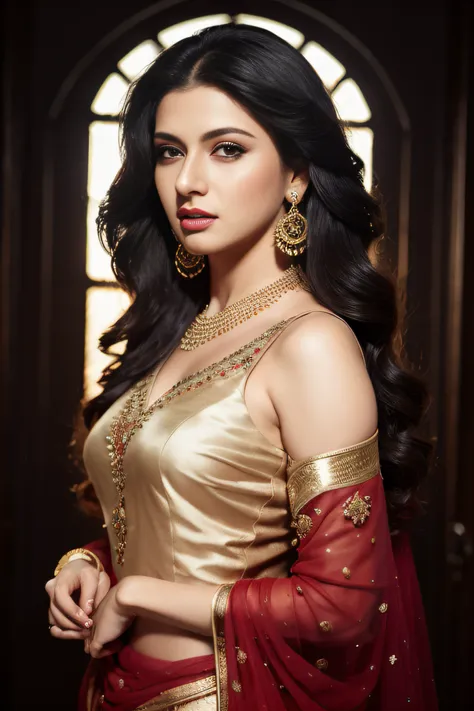 Portrait of A confident-looking indian woman, royal princess with long flowing hair, hazel eyes, wearing saaree, facing front, standing with full height, behind big saloon, lightning, twilight time, camp fire framing, bokeh, perfect composition, hyperreali...