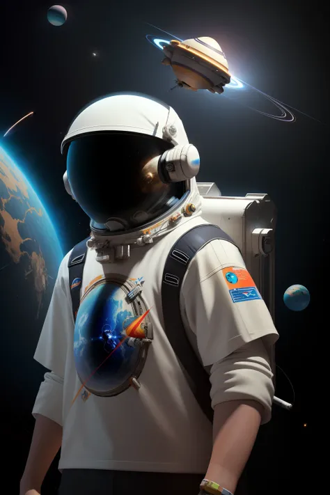 An astronaut moving planets away to make space on t-shirt, with the text "REYES STUDIO", concept art, 3d rendering, vibrant, illustration, graffiti, poster, fashion