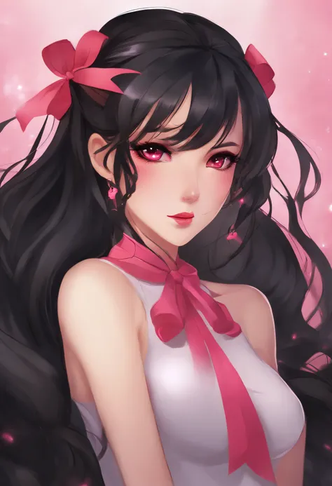 has long black hair with one braid tied with a pink bow as well as gradient red eyes. She is always seen with a stern look on her face. She has a slim but well-endowed body which makes her stand out as being beautiful, even attracting the attention