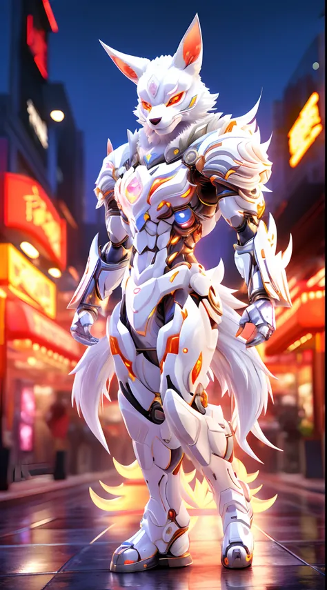 CHINESE WHITE FOX, FOX HEAD, Heterochromia eyes, NINETAILES, CRYSTAL ARMOR, TRANSPARANT, MUSCLE BODY.