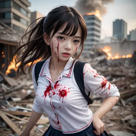 (in 8K、RAW Photos、top-quality、​masterpiece:1.2)、(realisitic、Photorealsitic:1.37)、ultra-detailliert、超A high resolution、Heroine of a monster movie、Beautiful 15-year-old high school girl in Japan desperately fleeing from a giant monster in devastated Tokyo、te...