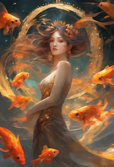 Perfect centering, Fantastic goldfish, cheerfulness, Standing position, Abstract beauty, Centered, Looking at the camera, Facing the camera, Approaching perfection, Dynamic, Highly detailed, Smooth, Sharp Focus, 8K, hight resolution, Illustration, art by c...