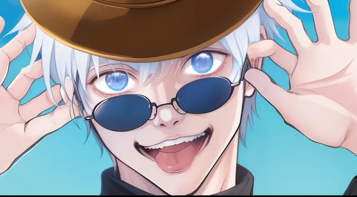 (master part, melhor qualidade:1.2), anime character with hat and sunglasses on his head, Gatilho Estilo de Arte de Anime, Estilo anime 2D, cara de anime alto com olhos azuis, Satoru gojo, Sorriso roguish, Gojo jujutsu kaisen, [[[[sorrindo malvado]]]], goj...