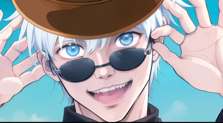 (master part, melhor qualidade:1.2), anime character with hat and sunglasses on his head, Gatilho Estilo de Arte de Anime, Estilo anime 2D, cara de anime alto com olhos azuis, Satoru gojo, Sorriso roguish, Gojo jujutsu kaisen, [[[[sorrindo malvado]]]], goj...