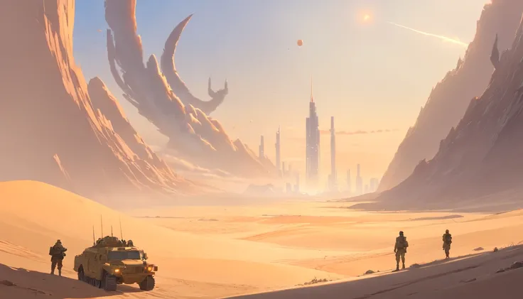 Dune concept art，Clean and neat tones，Sci-fi base scene，Huge scene，Square-shaped complex，Soviet aesthetic architecture，huge buildings，There are many ships in the air，Size contrast，crowd of，Soldiers versus soldiers，Big scenes of war，smog，epic concept art，Fi...