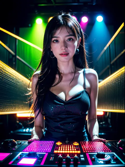 (best quality,4k,8k,highres,masterpiece:1.2),ultra-detailed,(realistic,photorealistic,photo-realistic:1.37),A girl DJ with musical instruments,vibrant colors,studio lighting,bokeh,detailed face expression,dynamic pose,futuristic headphones,energetic dance ...