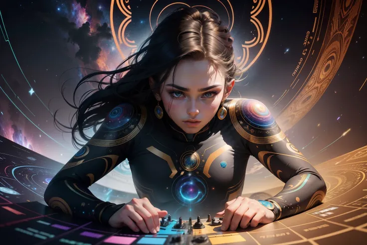 "Create a cosmic image in the astral style of a DJ performing at a festival, usando fones de ouvido. Enfatize detalhes intrincados, a melhor qualidade, and an extreme level of detail to represent the DJs transcendent performance. Create a complex compositi...