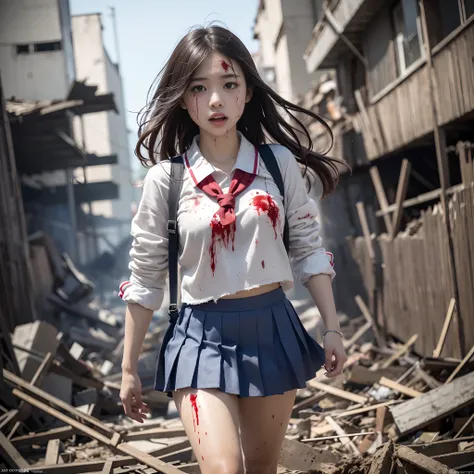 (in 8K、RAW Photos、top-quality、​masterpiece:1.2)、(realisitic、Photorealsitic:1.37)、ultra-detailliert、超A high resolution、Heroine of a monster movie、Beautiful 15-year-old high school girl in Japan desperately fleeing from a giant monster in devastated Tokyo、te...