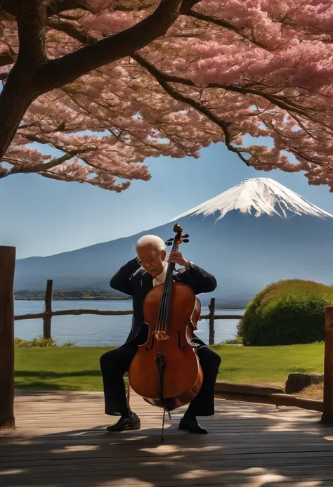 (Best Quality, Realistic, Photorealistic:1.37), Elegant, Japan man in his 70s wearing a tuxedo, Playing the cello, Yamanaka Lakeside, Mt. Fuji seen in the distance, With swans swimming in the lake, Vibrant colors, Soft lighting