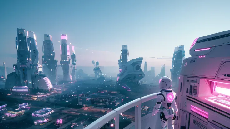 view from a balcony, 80s, Old streets 90s, 80s, futuristic 80s, White and Pink . a small empty room, with a male robot sitting on the sofa, white and blue. Technological details, futuristic. Music. Speakers. . a muscle robot. Alien structures, A robotic si...