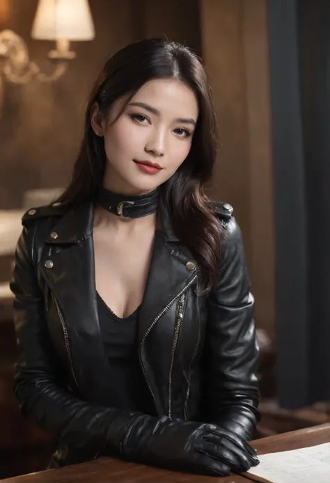 Wearing black leather gloves in both hands Upper body Black leather riders jacket Black leather skinny pants Black leather long boots Necklace on the chest Smiling at the desk in the modern study in the dark, long straight black hair Young Japanese woman (...