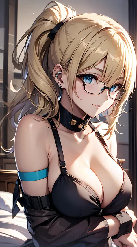 top-quality、Top image quality、​masterpiece、girl with((18year old、undergarment:1.6、Bust 85、a blond、disheveled ponytail、Blue eyes、open chest wide、cleavage of the breast、Happiness、Black wristband on wrist、eye glass、Ear-piercing))、A slender、hiquality、visualart...