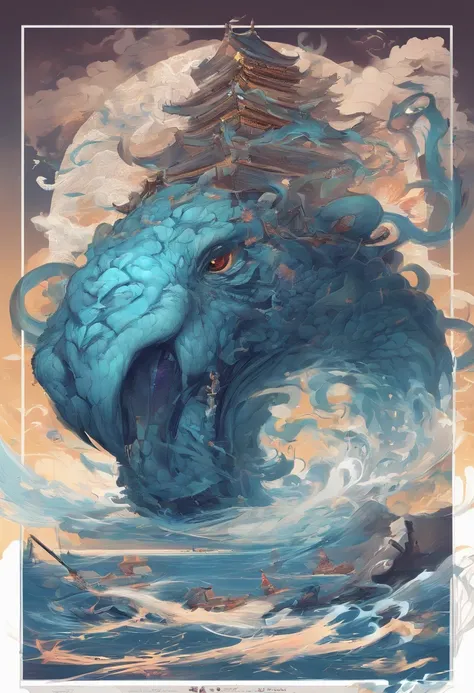 China-style，Chinese mythology，Xuanwu，Longhorn faucet，Turtle body，Heavy tortoiseshell shell，The tail of the snake grows out，has horns on its head，tosen，Ferocious，gargantuan，The eyes glow blue light，the sea，Huge waves，surrounded by cloud，中景 the scene is，Full...