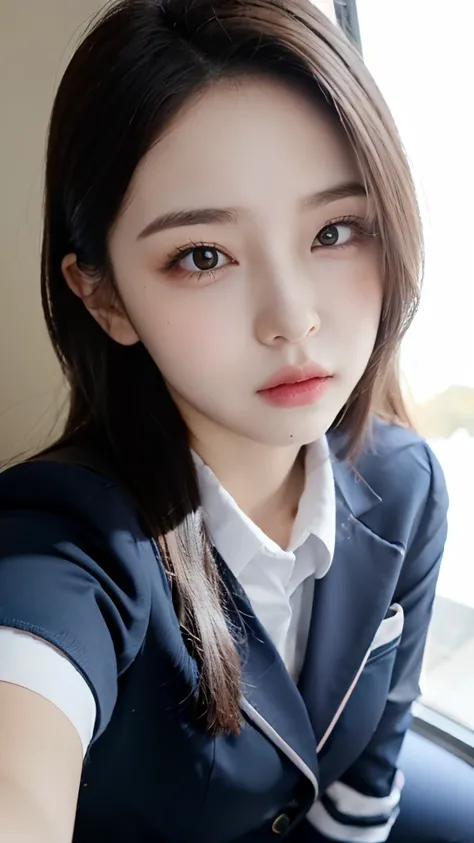 Girl in high school uniform，female high-school student，Blue school uniform pants，Slacks，Striped top，Manteau，Close-up Shot Shot，(Squinted eyes)，Pouting your lips，Pink lips，Kiss the camera，(Kiss the shot)，first person perspective