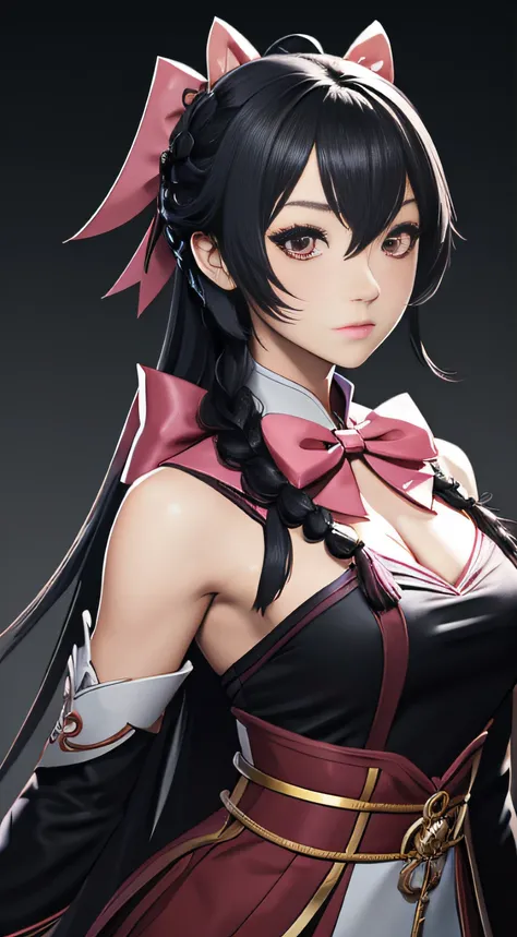 (Full-page concept art Character design: 1.2), Genshin Style, He has long black hair with a single braid, tied with a pink bow, as well as gradient red eyes. She is always seen with a stern expression on her face. She has a slim, but a well-endowed body, W...