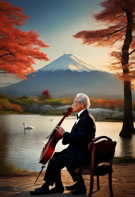 (Best Quality, Realistic, Photorealistic:1.37), Elegant, Japan man in his 70s wearing a tuxedo, Grow your beard,Sitting in a chair playing the cello, Yamanaka Lakeside, Mt. Fuji seen in the distance, With two swans swimming in the lake, Vibrant colors, Sof...