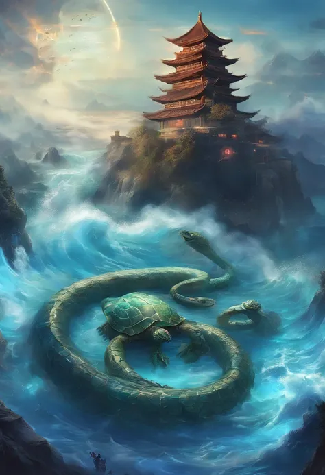 China-style，Chinese mythology，Xuanwu，Longhorn faucet，Turtle body，Heavy tortoiseshell shell，The tail of the snake grows out，has horns on its head，tosen，Ferocious，gargantuan，The eyes glow blue light，the sea，Huge waves，surrounded by cloud，中景 the scene is，Full...