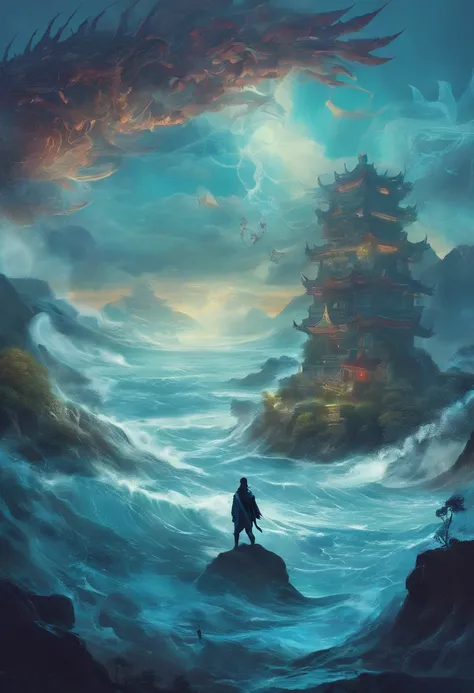 China-style，Chinese mythology，Xuanwu，Longhorn faucet，Turtle body，Heavy tortoiseshell shell，The tail of the snake grows out，has horns on its head，tosen，Ferocious，gargantuan，The eyes glow blue light，the sea，Huge waves，surrounded by cloud，中景 the scene is，Full...