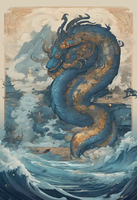 China-style，Chinese mythology，Xuanwu，Longhorn faucet，Turtle body，Heavy tortoiseshell shell，The tail of the snake grows out，has horns on its head，tosen，Ferocious，gargantuan，The eyes glow blue light，the sea，Huge waves，surrounded by cloud，中景 the scene is，Full...