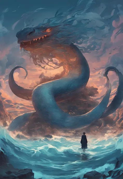 China-style，Chinese mythology，Xuanwu，Longhorn faucet，Turtle body，Heavy tortoiseshell shell，The tail of the snake grows out，has horns on its head，tosen，Ferocious，gargantuan，The eyes glow blue light，the sea，Huge waves，surrounded by cloud，中景 the scene is，Full...