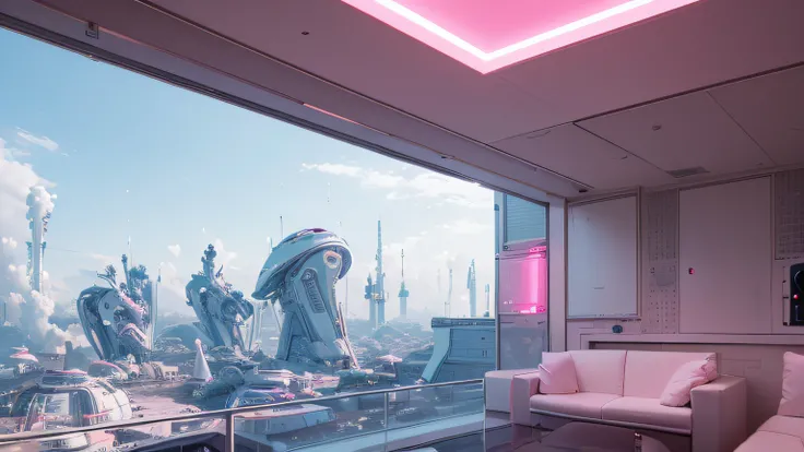 view from a balcony, 80s, Old 90s, 80s, futuristic 80s, White and Pink . a small empty room, with a male robot sitting on the sofa, white and blue. Technological details, futuristic. Music. Speakers. . a muscle robot. Alien structures, A robotic silhouette...