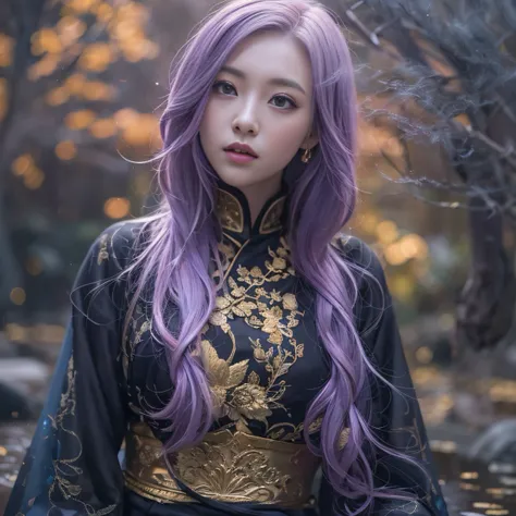 Genki Girl 32K（tmasterpiece，k hd，hyper HD，32K）Long flowing bright purple hair，Autumn Pond，zydink， a color， Asian people （Genki girl）， （Silk scarf）， Combat posture， looking at the ground， long whitr hair， Floating bright purple， Fire cloud pattern gold tiar...