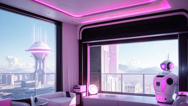 view from a balcony, 80s, Old 90s, 80s, futuristic 80s, White and Pink . a small empty room, with a male robot sitting on the sofa, white and blue. Technological details, futuristic. Music. Speakers. . a muscle robot. Alien structures, A robotic silhouette...