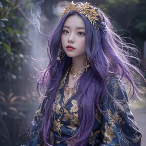 Genki Girl 32K（tmasterpiece，k hd，hyper HD，32K）Long flowing bright purple hair，Autumn Pond，zydink， a color， Asian people （Genki girl）， （Silk scarf）， Combat posture， looking at the ground， long whitr hair， Floating bright purple， Fire cloud pattern gold tiar...