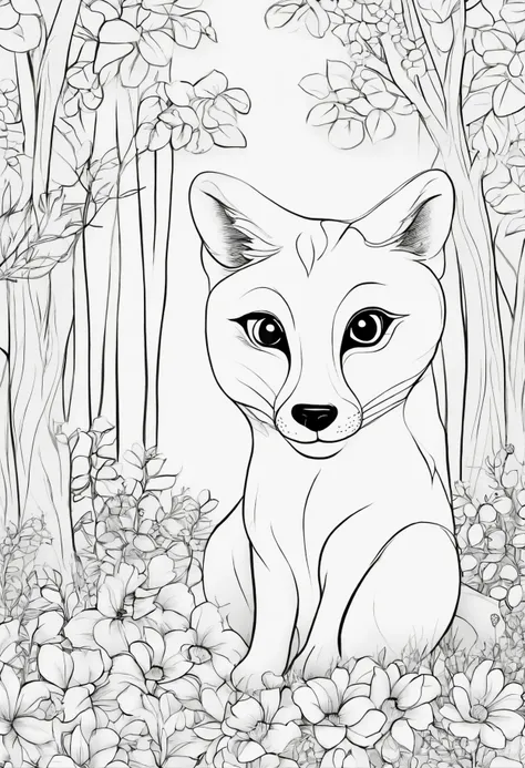 Por favor, Create a coloring image of an adorable fox sitting in a grove. The panda should be surrounded by trees with wildflowers scattered on the ground, should have simple strokes and thick lines to make it easier to fill with colors. Certifique-se de q...