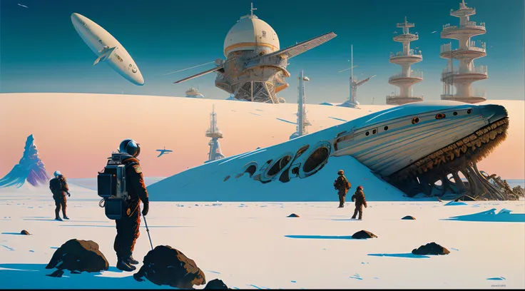 "realistic detailed image of an cosmonaut alone in the tundra next to whale skeleton in the style of Francis Bacon, Surreal, Norman Rockwell and James Jean, Greg Hildebrandt, and Mark Brooks, triadic color scheme, By Greg Rutkowski, in the style of Francis...