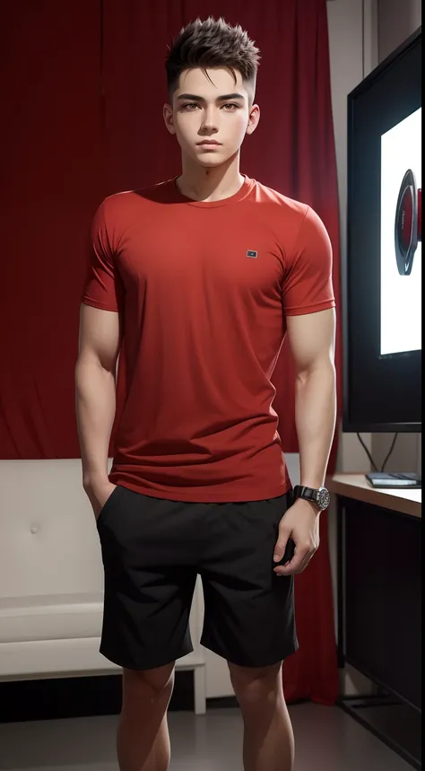 young man name urban legend with short spiky hair in Studio co seeing camera front standing   alone show full body wearing red tshirt shorts pant