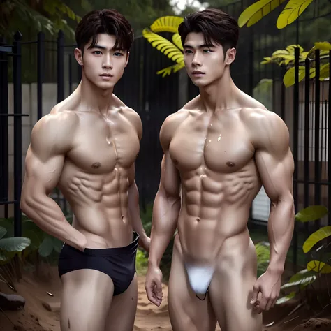 Abs handsome，年轻，are standing，Physical education students train outdoors，There is mud on the body，paleskin，Barefoot，fully body photo((paleskin))，There is also mud on the face，ssmile，no top dress