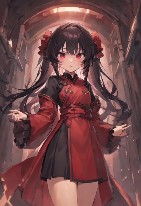 Two-dimensional style Loli body type Wearing solemn clothing similar to a robe Black hair, long hair, red eyes, the main color of the costume is dark red and black, weak qi