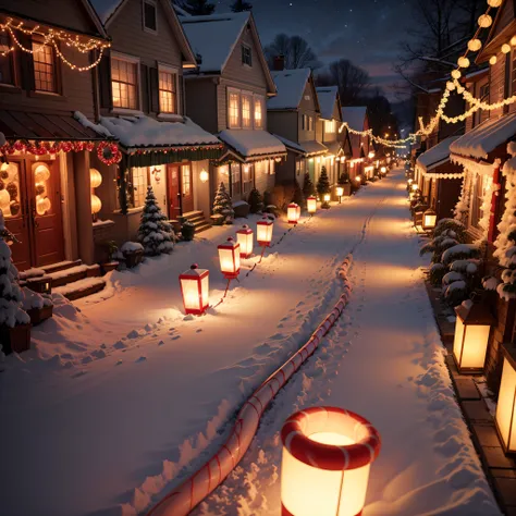 Candy Cane Lane: A charming street lined with giant candy canes, glowing lanterns, and festively decorated homes.