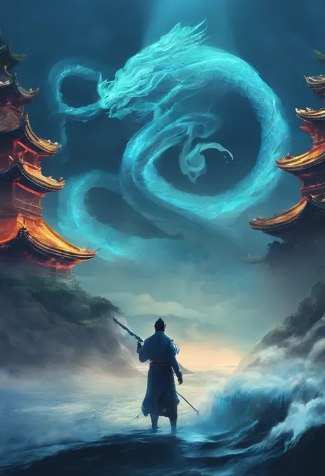 China-style，Chinese mythology，Xuanwu，Longhorn faucet，Turtle body，Heavy tortoiseshell shell，The tail of the snake grows out，has horns on its head，tosen，Ferocious，gargantuan，The eyes glow blue light，the sea，Huge waves，surrounded by cloud，中景 the scene is，Full...