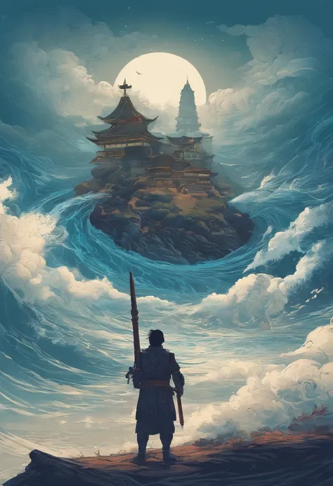 China-style，Chinese mythology，Xuanwu，Longhorn faucet，Turtle body，Heavy tortoiseshell shell，The tail of the snake grows out，has horns on its head，tosen，Ferocious，gargantuan，The eyes glow blue light，the sea，Huge waves，surrounded by cloud，中景 the scene is，Full...