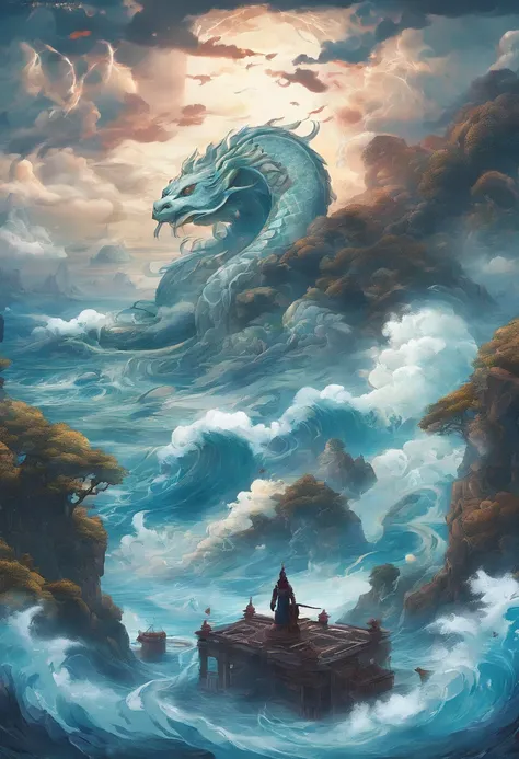 China-style，Chinese mythology，Xuanwu，Longhorn faucet，Turtle body，Heavy tortoiseshell shell，The tail of the snake grows out，has horns on its head，tosen，Ferocious，gargantuan，The eyes glow blue light，the sea，Huge waves，surrounded by cloud，中景 the scene is，Full...