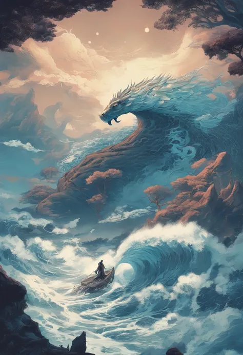 China-style，Chinese mythology，Xuanwu，Longhorn faucet，Turtle body，Heavy tortoiseshell shell，The tail of the snake grows out，has horns on its head，tosen，Ferocious，gargantuan，The eyes glow blue light，the sea，Huge waves，surrounded by cloud，中景 the scene is，Full...