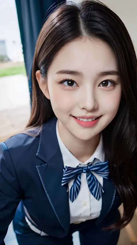 Girl in high school uniform，female high-school student，Blue school uniform pants，Slacks，Striped top，Close-up Shot Shot，open lips，Pink lips，first person perspective，Bow your head shyly，(Shy laugh)，(blushed cheeks)