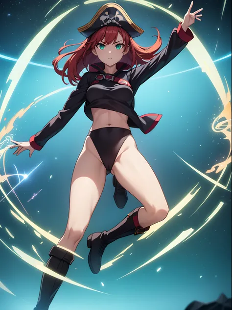 1girl, solo, masterpiece, best quality, black leotard, long sleeves, midriff, pirate costume, pirate hat, boots, body infused with electricity, lighting, particles, redhead, green eyes, blue aura, energy field, full body shot, depth of field, looking at vi...