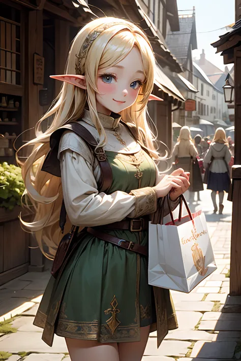 Medieval country town、a very young elf girl out shopping、Beautuful Women、happy face、blond hair、