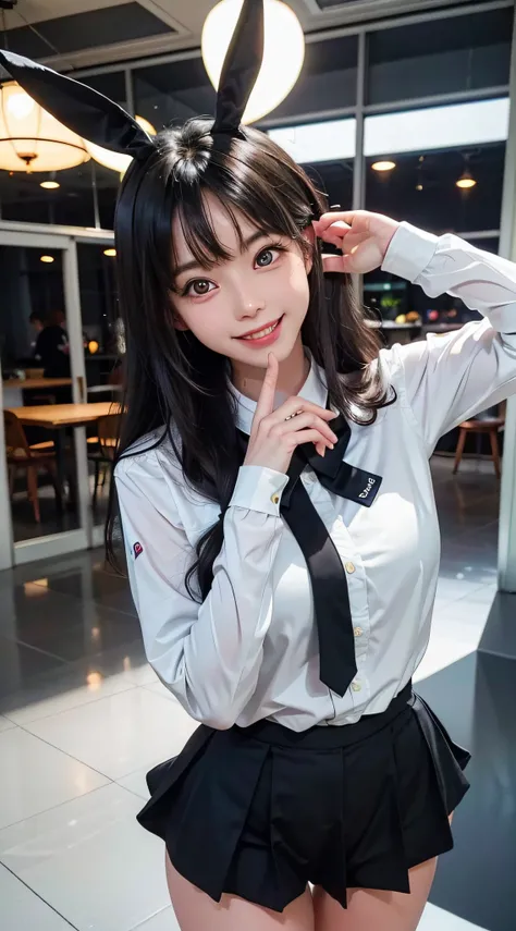 girl，（Wearing a bunny girl uniform），Smile and look at the camera，（Black hair），（with a good figure），with fair skin，Cute ultra-clear picture，（Five fingers fine），Hands are normal，（Live-action photo）shine，8K，Ultra-clear image quality，Black Bunny Girl Uniform，W...