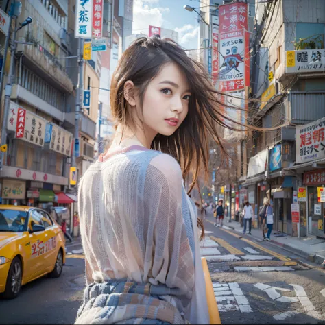 女の子1人、on tokyo street、A city scape、The upper part of the body、a closeup、A smile、、(8K、Raw photography、top-quality、​masterpiece:1.2)、(realisitic、photoRealstic:1.37)、Highly detailed eyelash drawing、(((Top image quality))),Colossal tits、Fine skin, (Beautiful h...