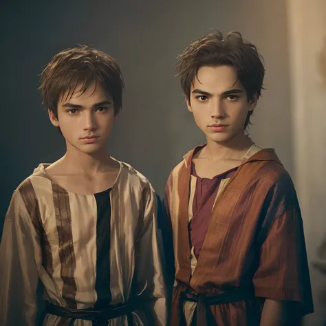 Two boys dressed in biblical clothes standing next to each other, joseph and joseph, Petros e Leonid, menino moreno e menino ruivo, Directed by: Matthias Weischer, Directed by: Antoni Pitxot, Directed by: Laszlo Balogh, Directed by: Artur Tarnowski, Direct...