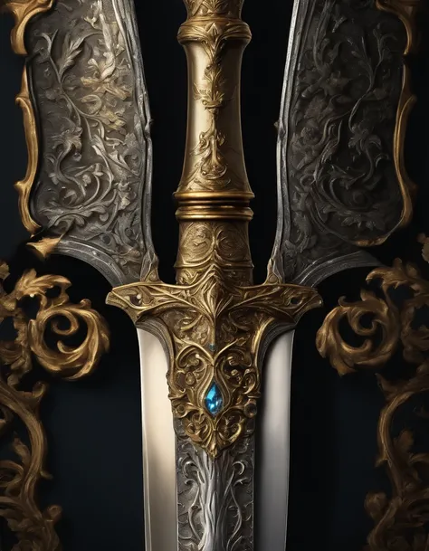 Ultra detailed eighteenth-century sword of light and shadow in the middle of the sword countenance of light silver sword with golden blades with magic back