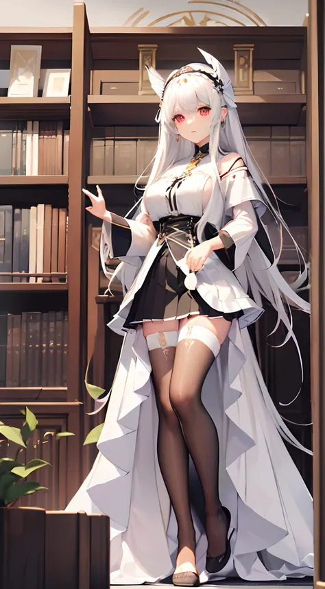 Beautiful illustration、top-quality、Beautiful girl、White color hair、long whitr hair、(((Black pleated skirt)))、(((long white robe)))、short- sleeved、Poor milk、red eyes、in library、Lovely thighs、glowing thigh、Fine hair、Exquisite headdress、face expressionless、Cr...