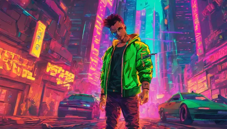 1 handsome boy falling from a building，Frontal full body image，wearing a Green cyberpunk hoodie and black pant，The expression is anger, Tears flew out，Two-dimensional boys, Brown colored eyes，The background is the city at night，Surrounded by modern high-ri...