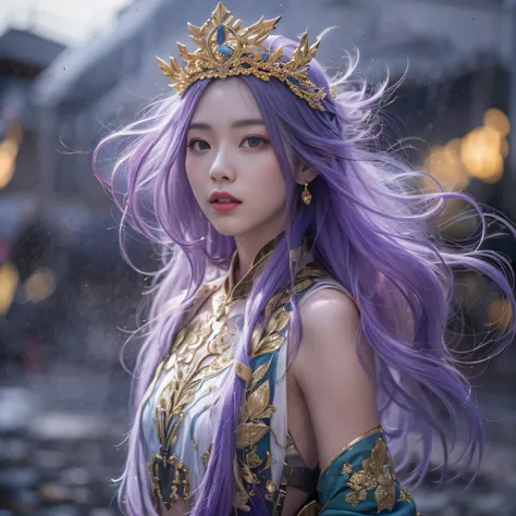 Genki Girl 32K（tmasterpiece，k hd，hyper HD，32K）Long flowing bright purple hair，Autumn Pond，zydink， a color， Asian people （Genki girl）， （Silk scarf）， Combat posture， looking at the ground， long whitr hair， Floating bright purple， Fire cloud pattern gold tiar...